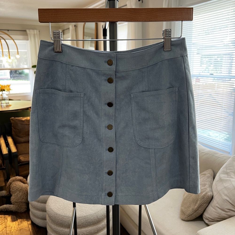 Blue suede button skirt